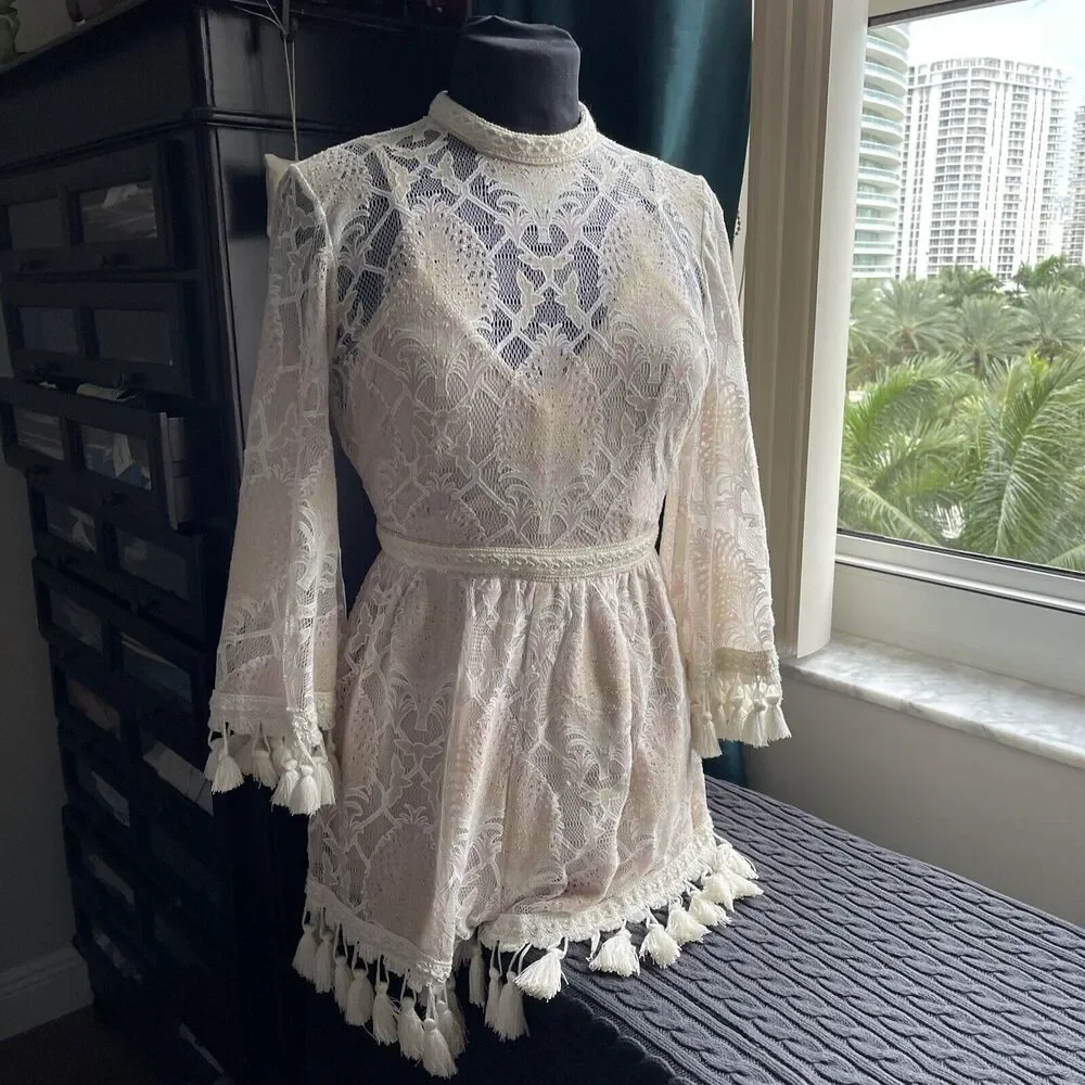 L’atiste by Amy Lace Tassel Romper-Cream/Blush Lined Size:  S - Picture 2 of 16